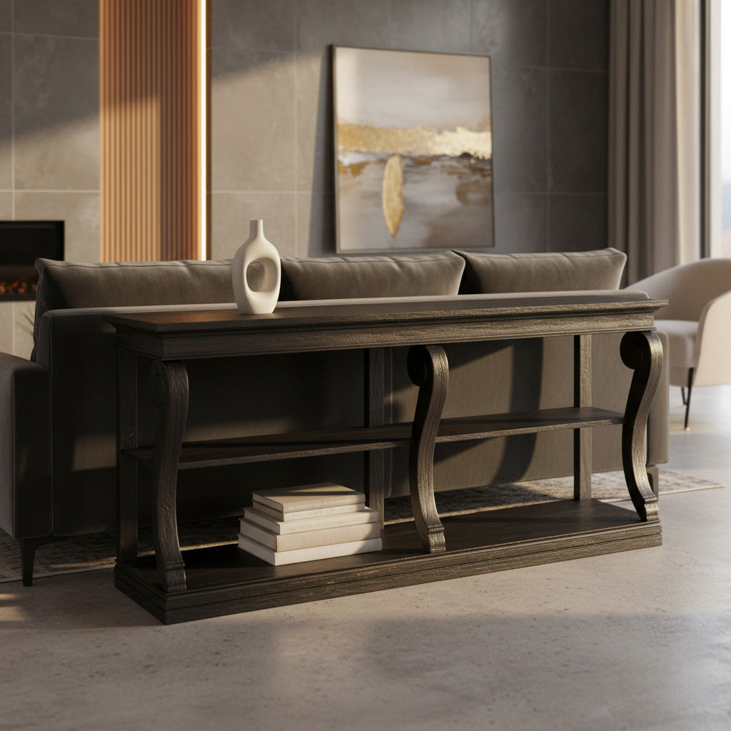 Aged black wood Homestead sofa table with curved legs, fixed lower shelf, white vase, and stacked books behind gray sofa