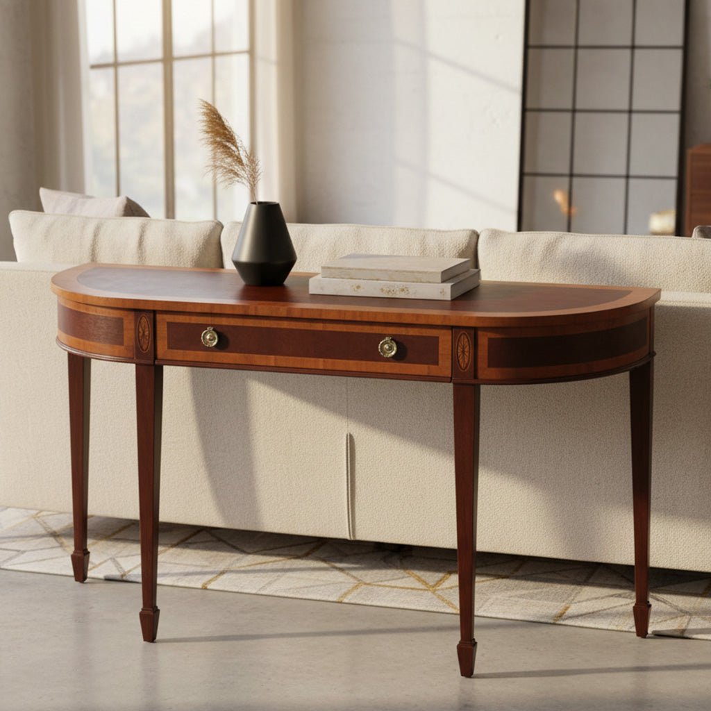 Mahogany sofa table with yewood border, ebony inlay, brass hardware, one drawer, and tapered legs in bright room
