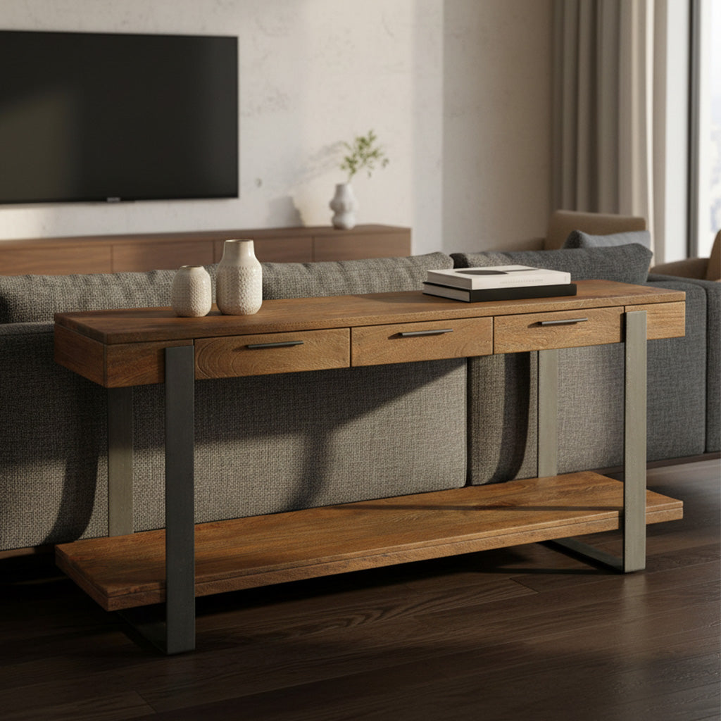 Bedford Park sofa table with solid mango wood top and shelf, three drawers, and forged iron base in living room