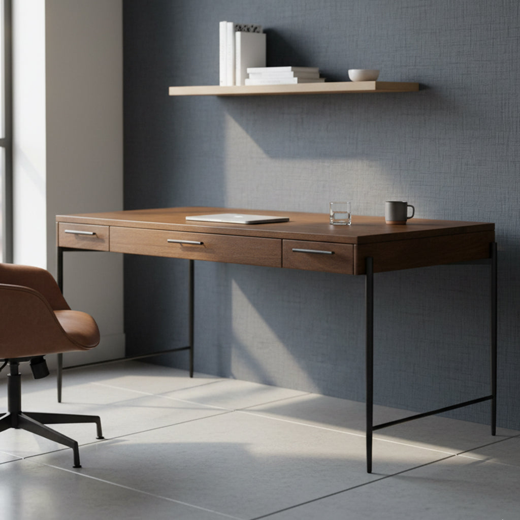 Bedford Park desk with mango solid slab top, forged iron base, three drawers including drop-down center drawer, Bedford finish