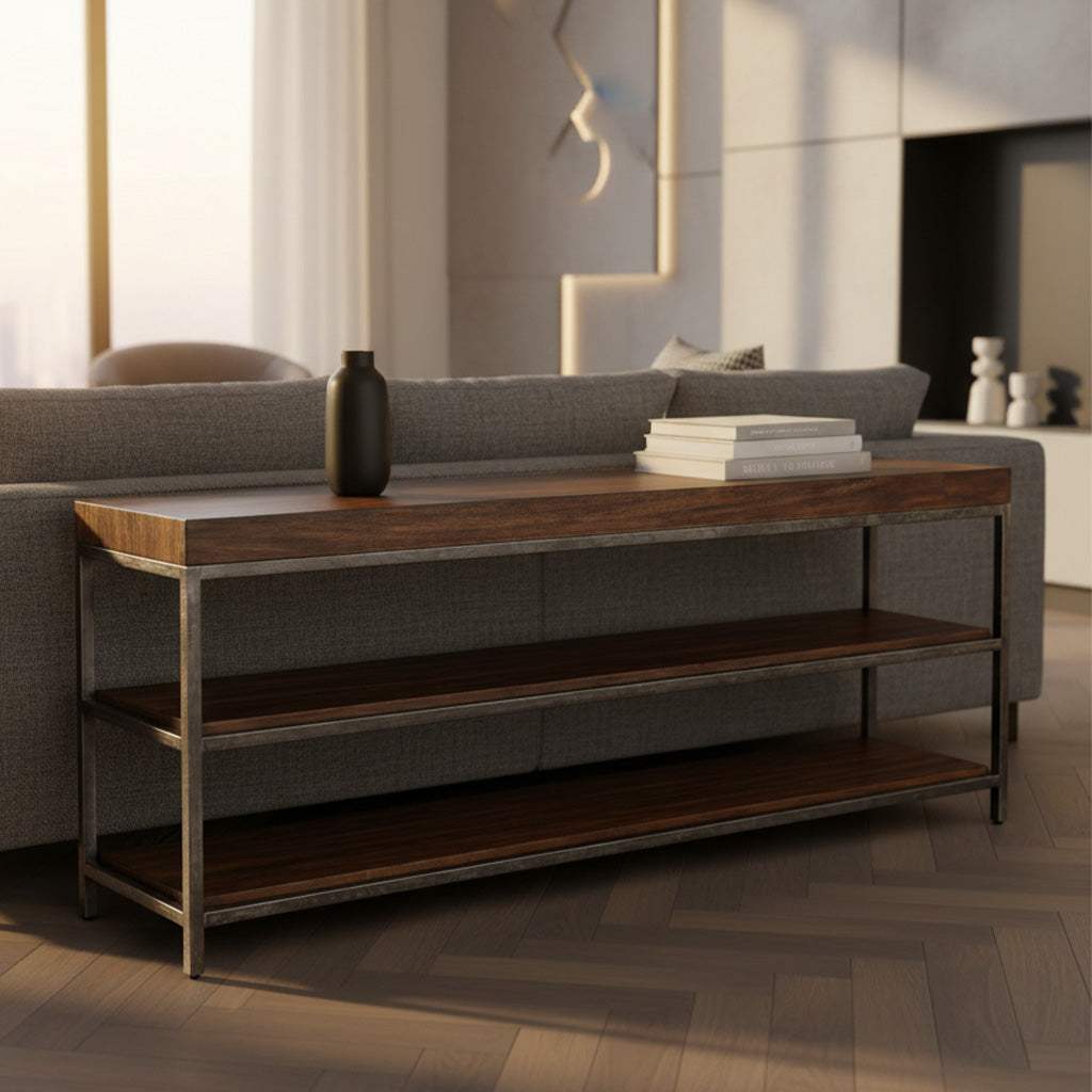Monterey Point sofa table with 3" acacia planked top, two lower shelves, and square forged iron legs in modern living room