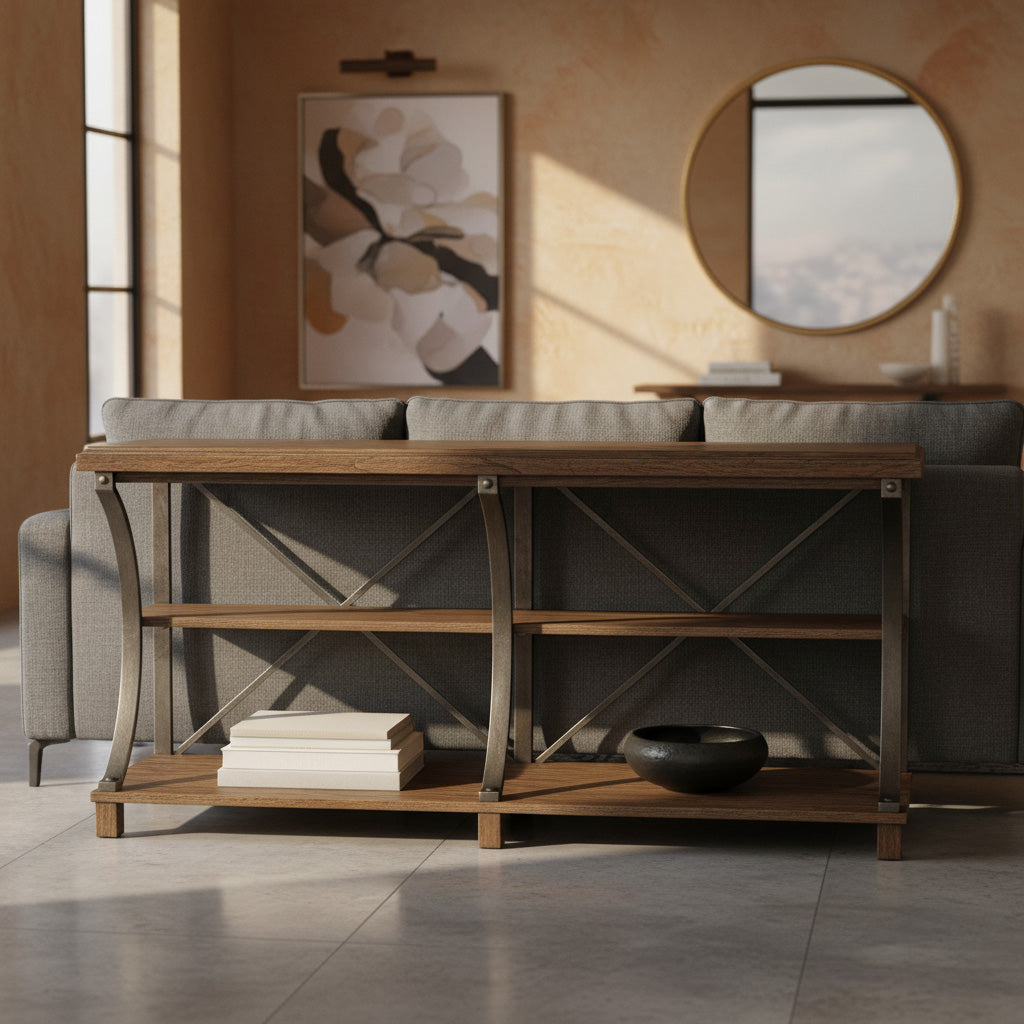 Wexford sofa table with oak veneer top, antique pewter curved metal legs, and multiple wooden shelves in living room setting
