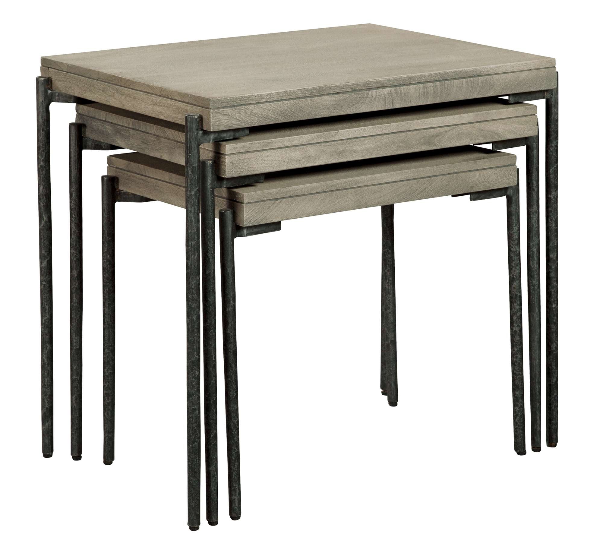 Bedford Park nest of tables with gray mango wood tops and forged iron legs in varying sizes for versatile use