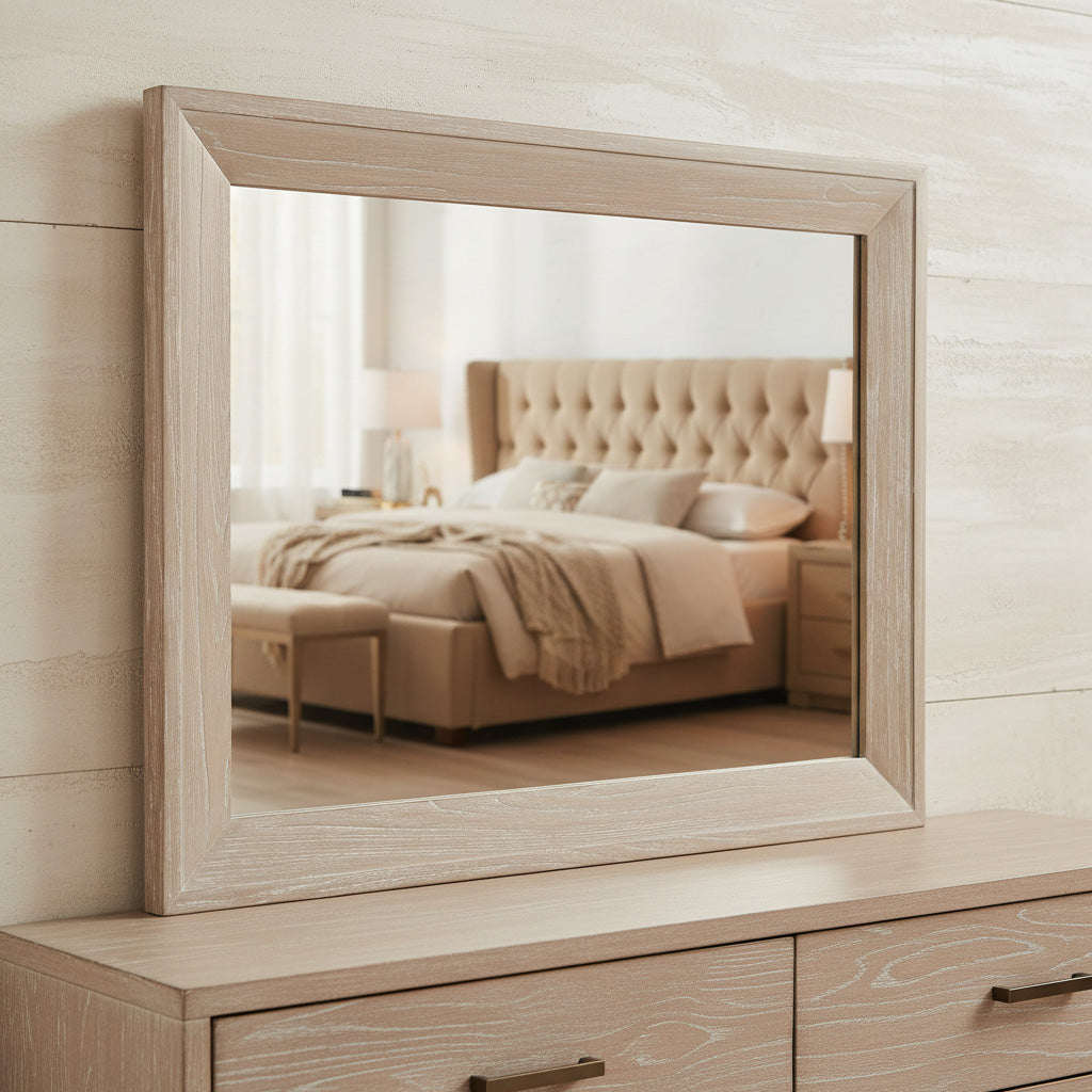 Square beveled mirror with mindi veneer frame in Scottsdale finish reflecting beige tufted bed and nightstand
