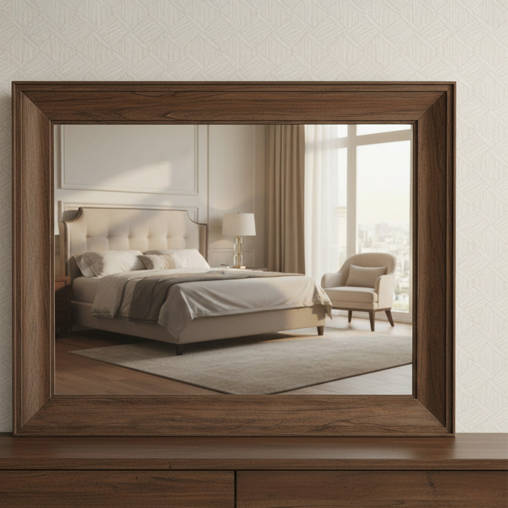 Beveled glass mirror with solid mindi wood frame in java finish reflecting modern bedroom with bed and armchair