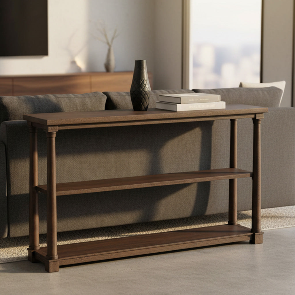 Linwood sofa table with three shelves and tapered posts in mindi solids and veneers with rich wood finish