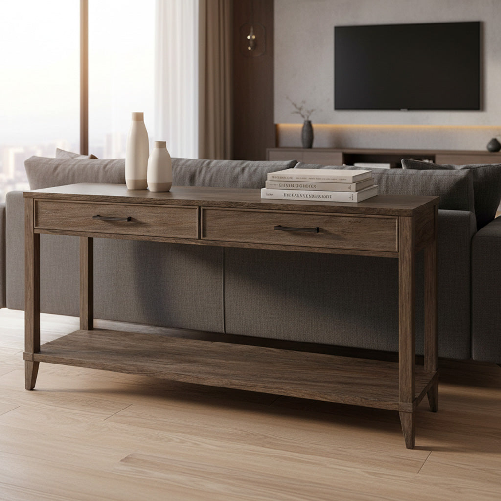 Arlington Heights sofa table with slab top, two drawers, lower shelf, Mindi wood, and dark antique brass hardware in living room