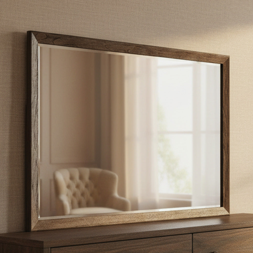 Rectangular wall mirror with beveled glass and dark Arlington Heights wood frame above wooden dresser