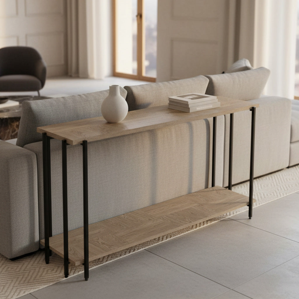 Rectangular Mayfield sofa table with parquet veneer top and bottom shelf, supported by black metal leg posts