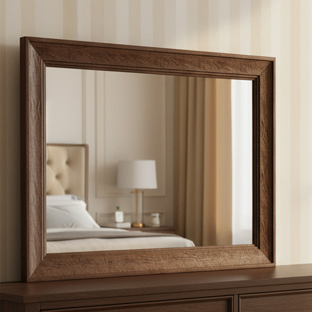 Square beveled glass mirror with solid mango wood frame in Bedford Tobacco finish above dark wood dresser