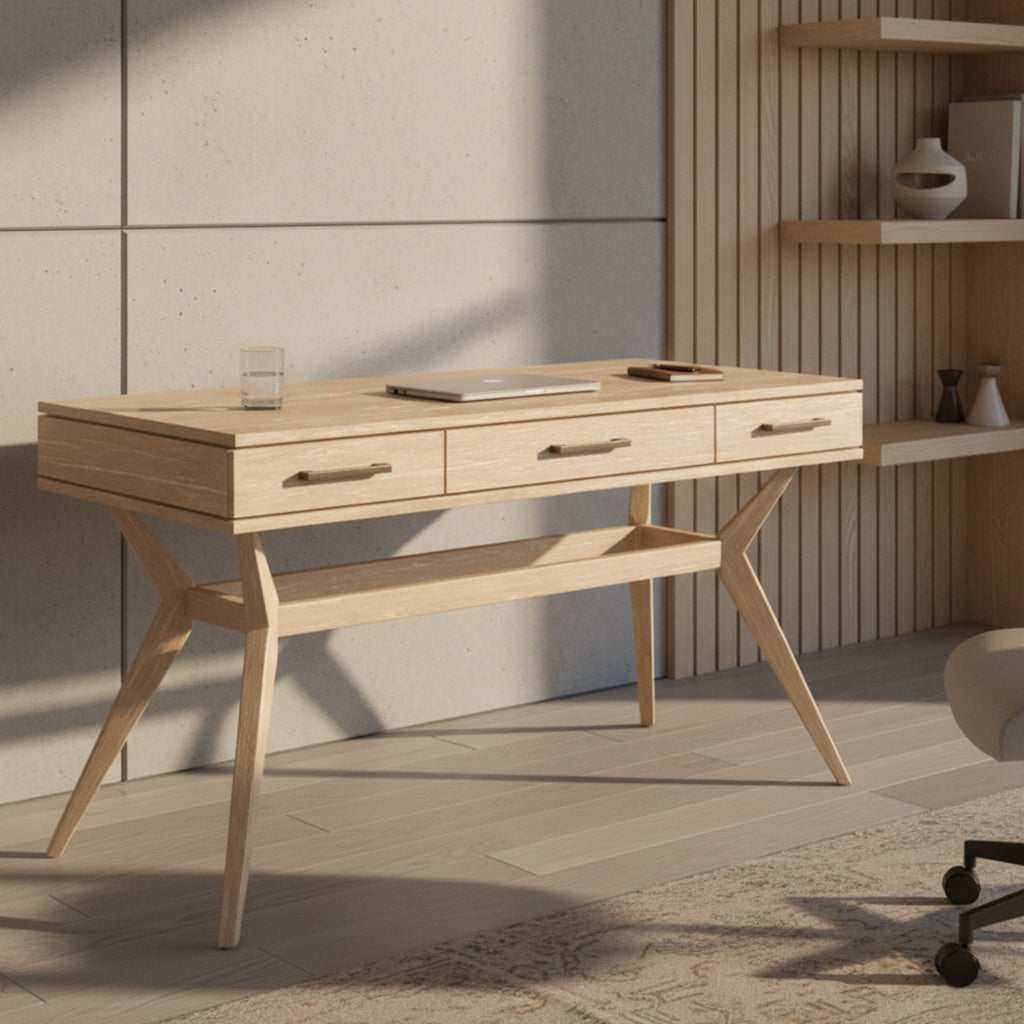 Mid-century style Miramar Desk with three drawers, drop-down center drawer, solid Mindi wood, and translucent white finish