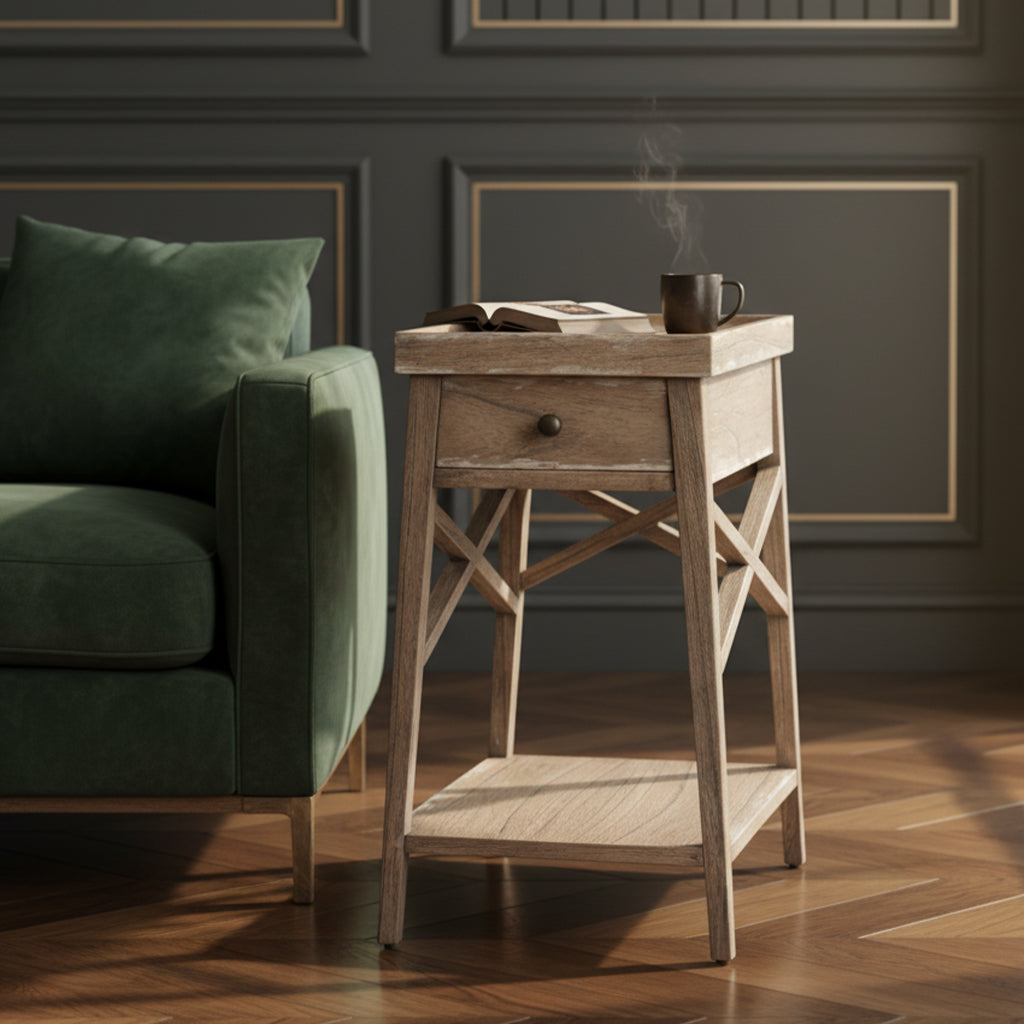 End table with select solids and veneers, sealed finish, single drawer, lower shelf, and special reserve finish