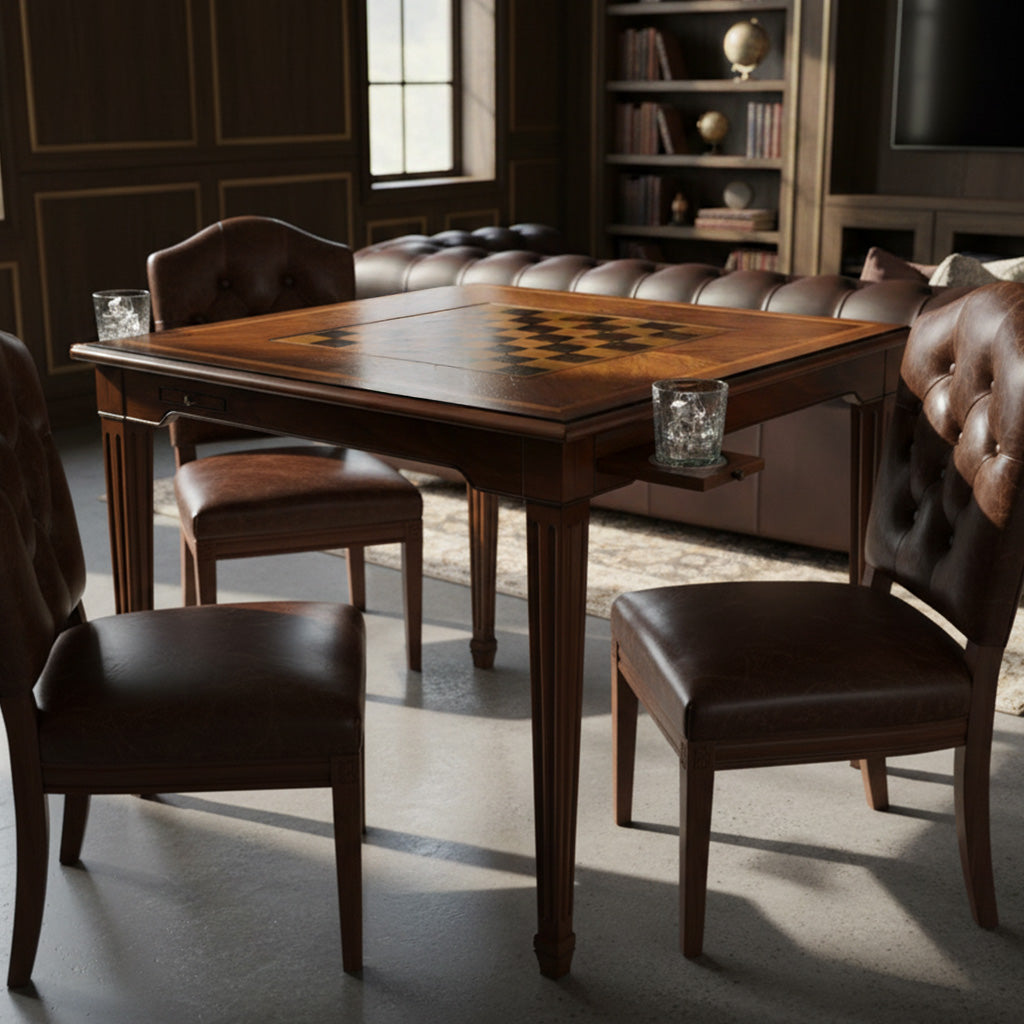 Square cherry game table with inlaid chessboard top, four sturdy legs, and brown tufted leather chairs in library room
