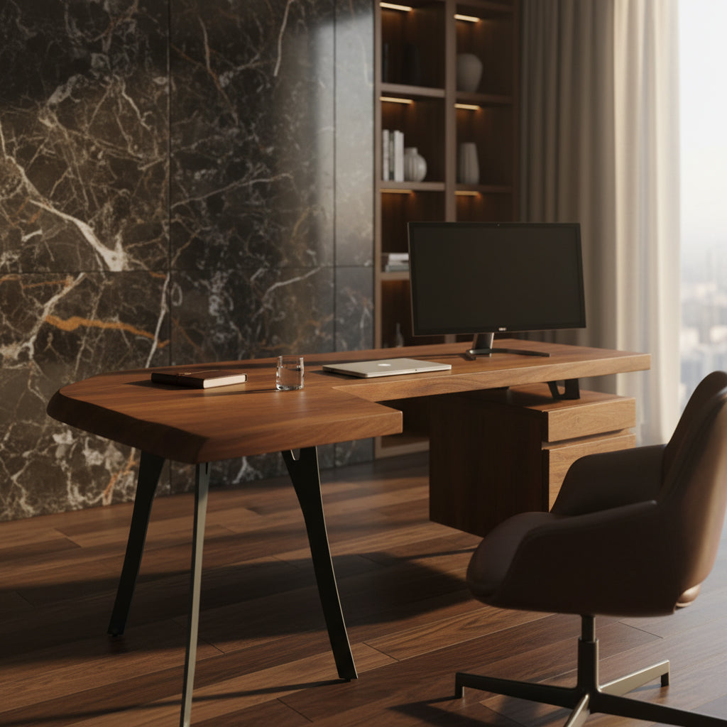 Live edge acacia wood desk with file drawer, black metal legs, and natural rustic wood grain details