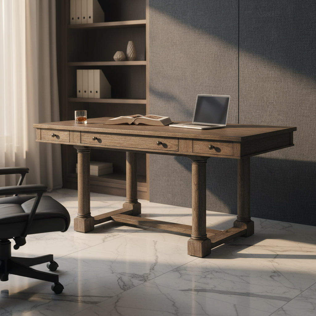 Lincoln Park desk with mindi solids and veneers, antique brass hardware, three drawers, drop-front center drawer, and four post legs
