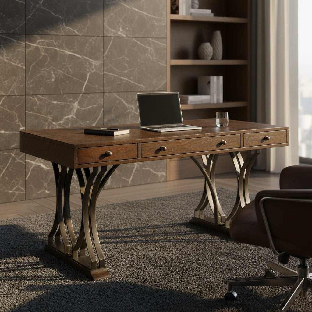 Desk with mahogany solids, acacia and walnut veneer, antique brass hardware, three drawers, and Special Reserve finish