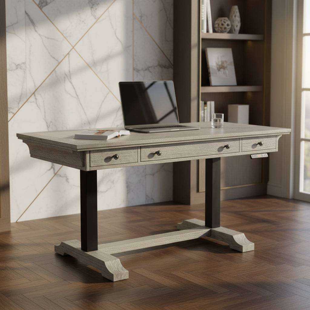 Rectangular light wood desk with three drawers, black metal legs, laptop, book, and glass on wooden floor in bright room