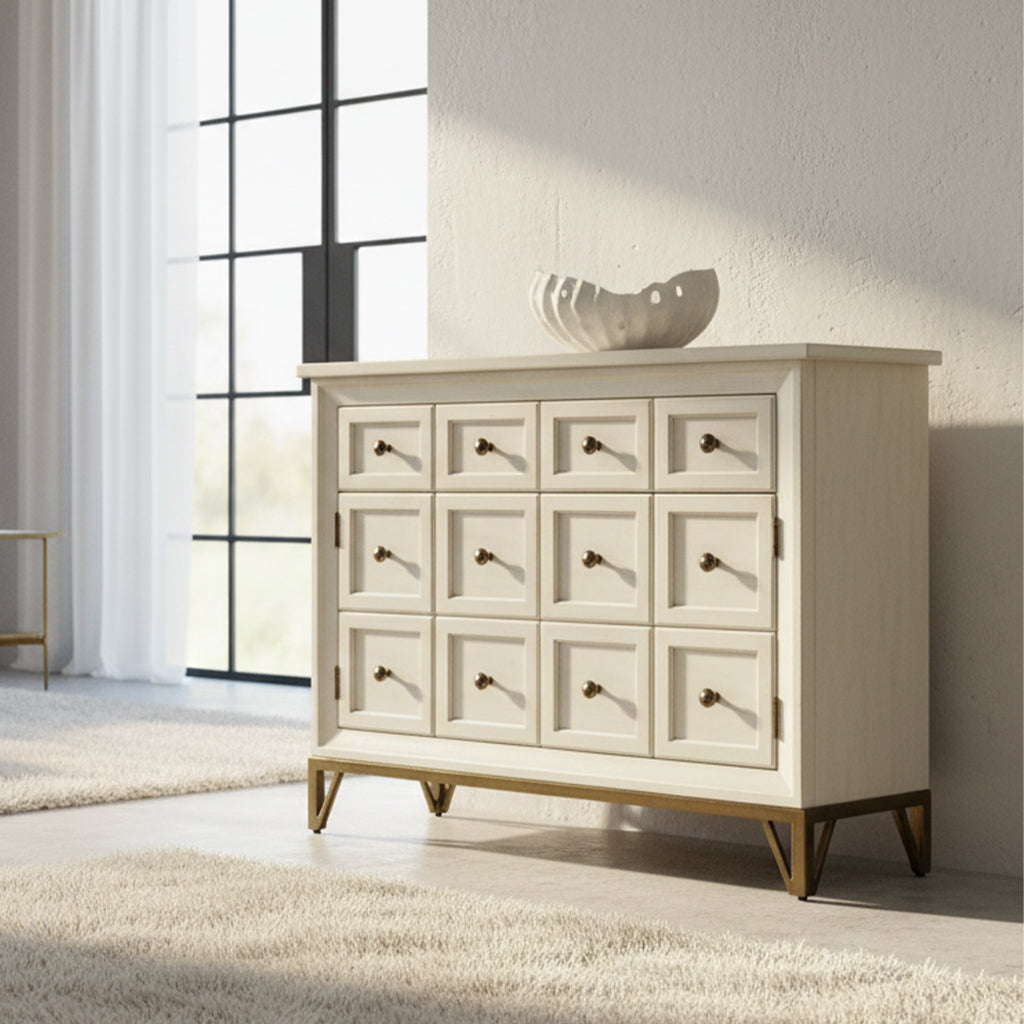 Apothecary chest with mahogany veneers and solids, faux 12 drawers, adjustable shelf, and antique brass metal base