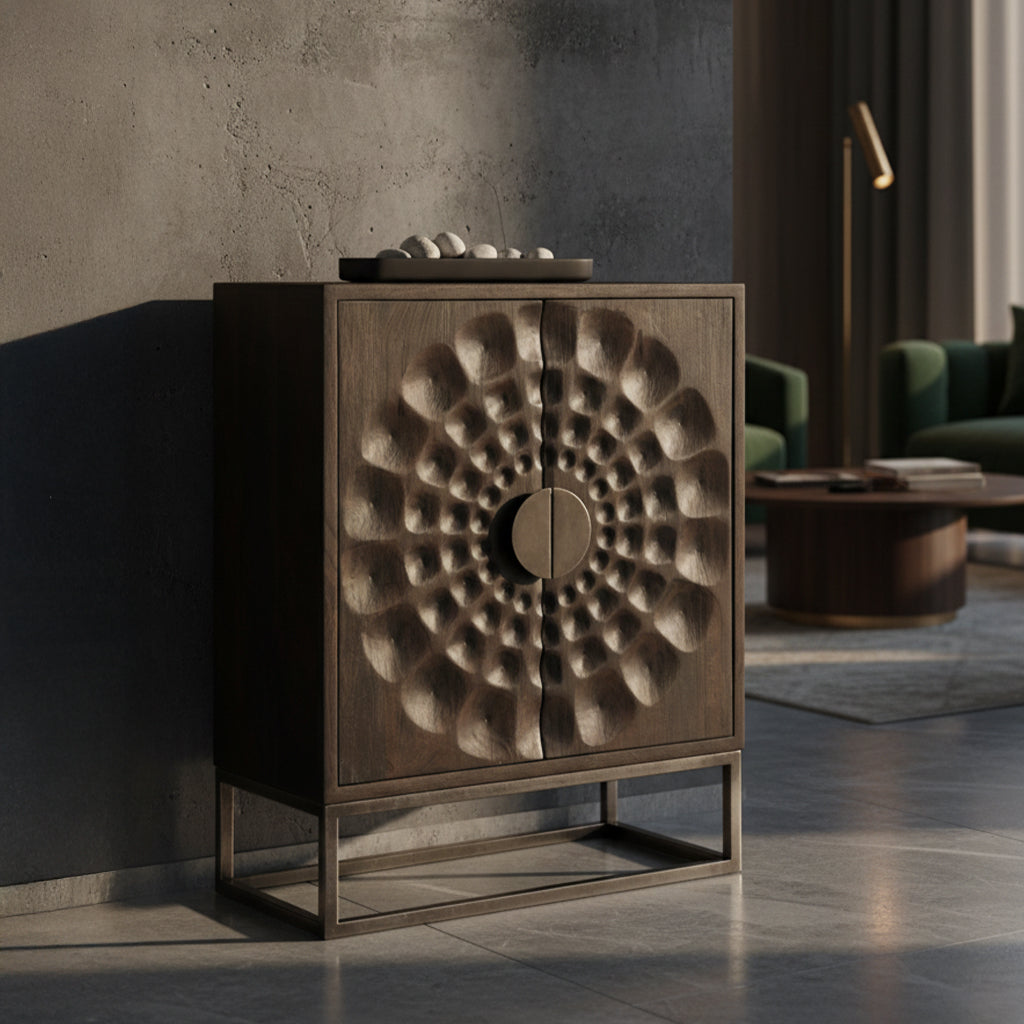 Accent chest with solid acacia carved starburst door panels, one shelf, and antique brass iron metal base