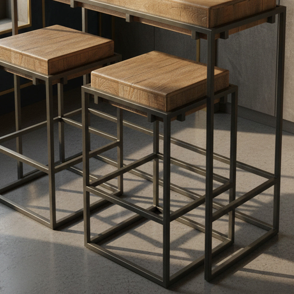 Set of counter stools with solid acacia wooden seats and black iron geometric frame in natural light setting