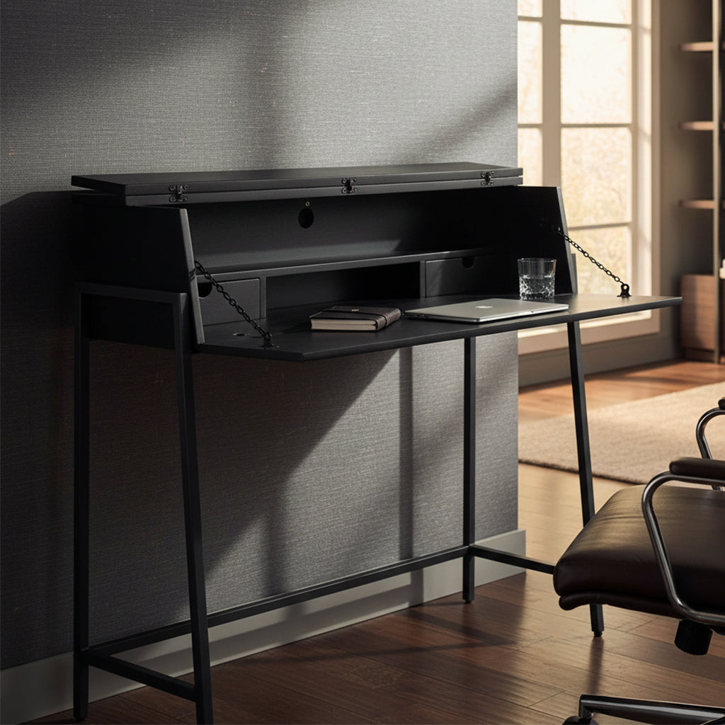 Box-style writing desk with acacia solids, black iron frame, hinged top, two pencil drawers, and aged black wood finish