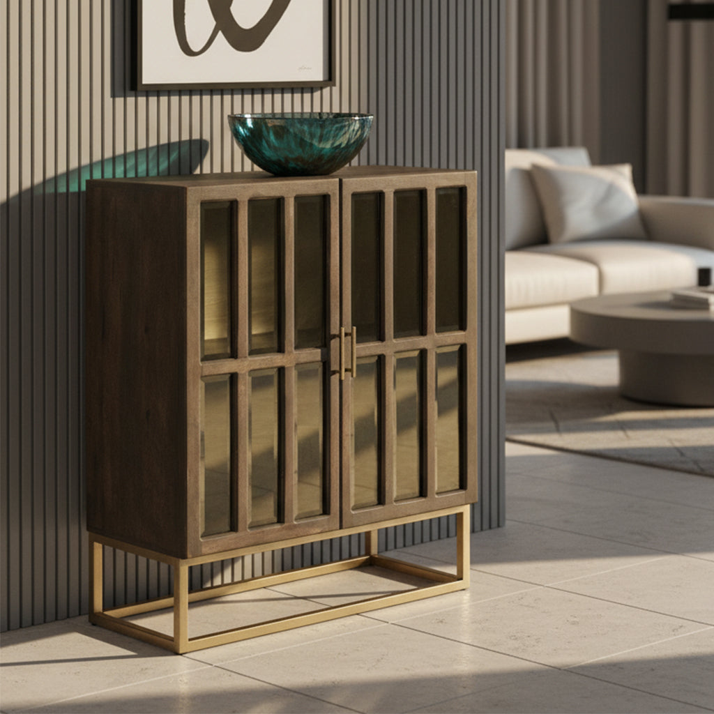 Accent Chest with beveled glass doors, brass back panel, one shelf, solid mango wood, Special Reserve soft brown finish, brass hardware and legs
