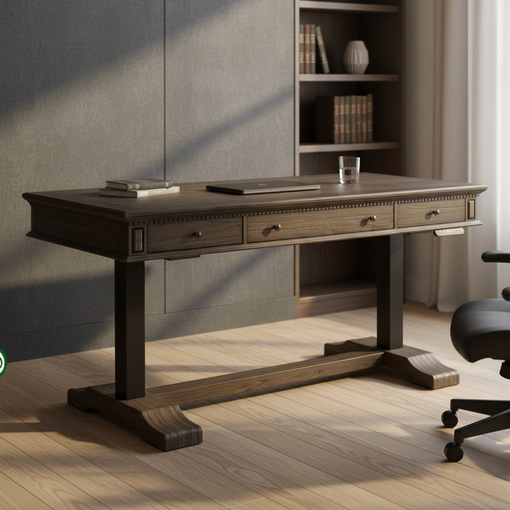 Dark wood desk with four drawers, decorative trim, and sturdy pedestal base in a sunlit modern office space