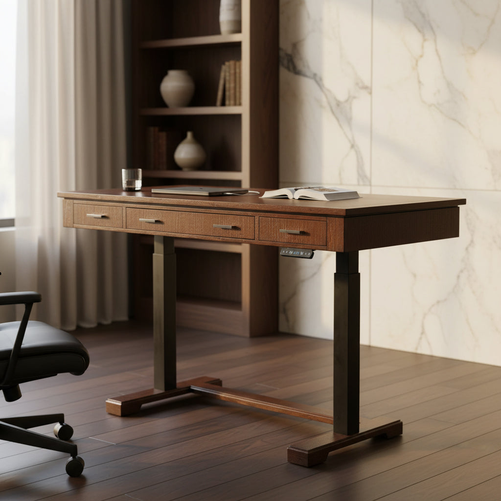 Adjustable standing desk with dark metal legs and wooden top featuring three drawers in modern home office setting