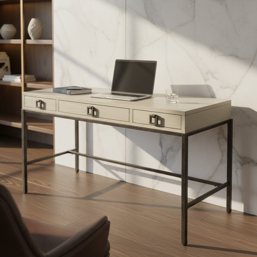 Writing desk with select solids and red oak veneers, three drawers with drop-down keyboard compartment, and black metal base frame