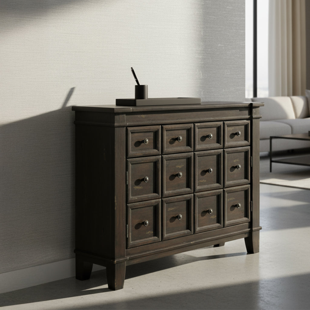 Apothecary accent chest with dark wood finish, twelve faux drawer fronts, and functional concealed drawers for storage
