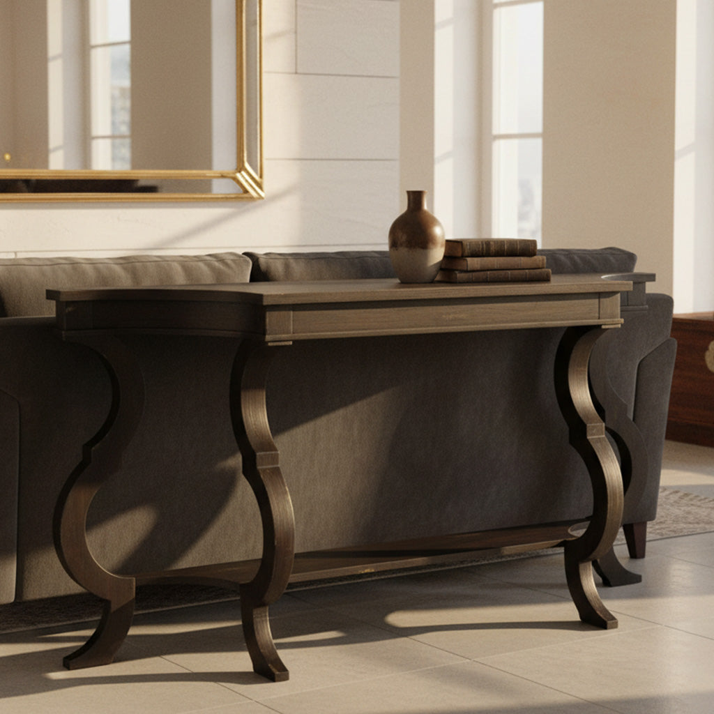 Dark wood sofa table with four curved legs, decorative gold accents, and stacked books with vase on top in sunlit room