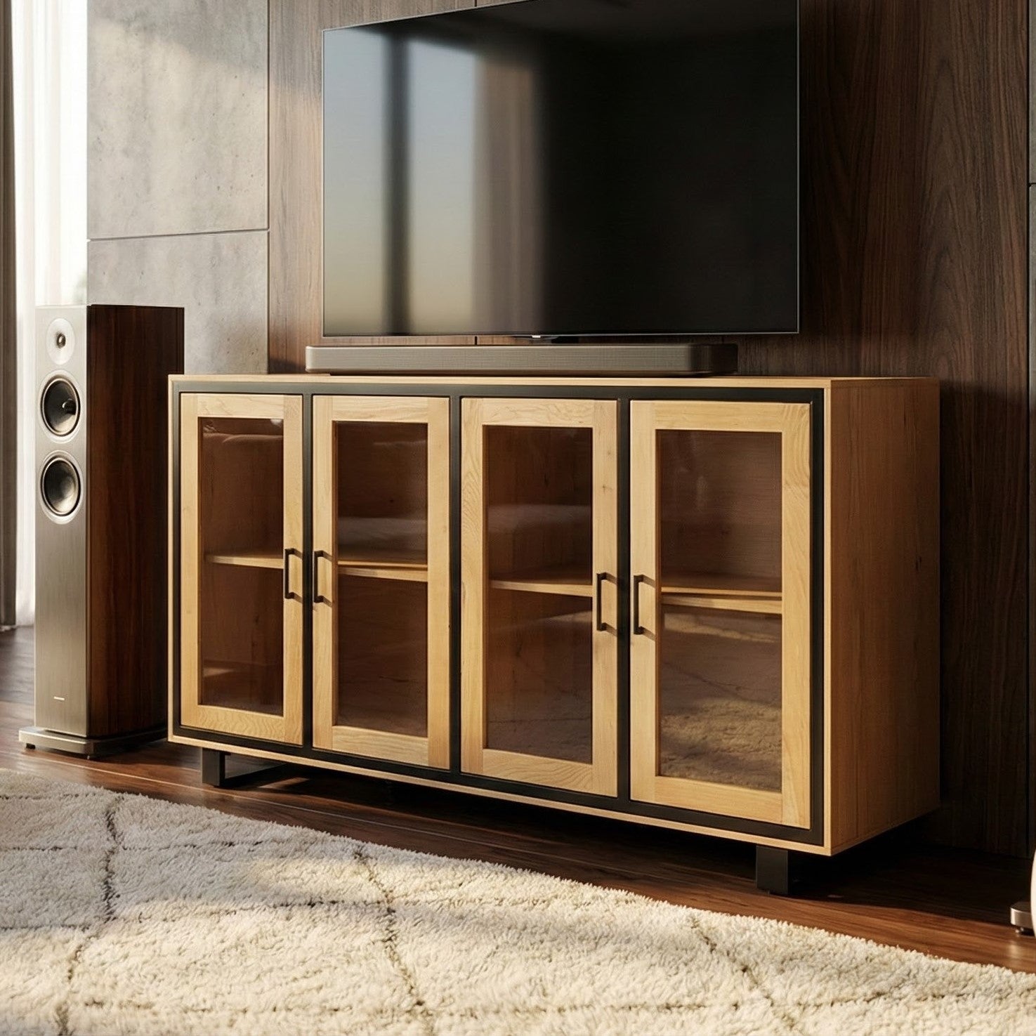 Wooden entertainment console with glass doors in a room setting.