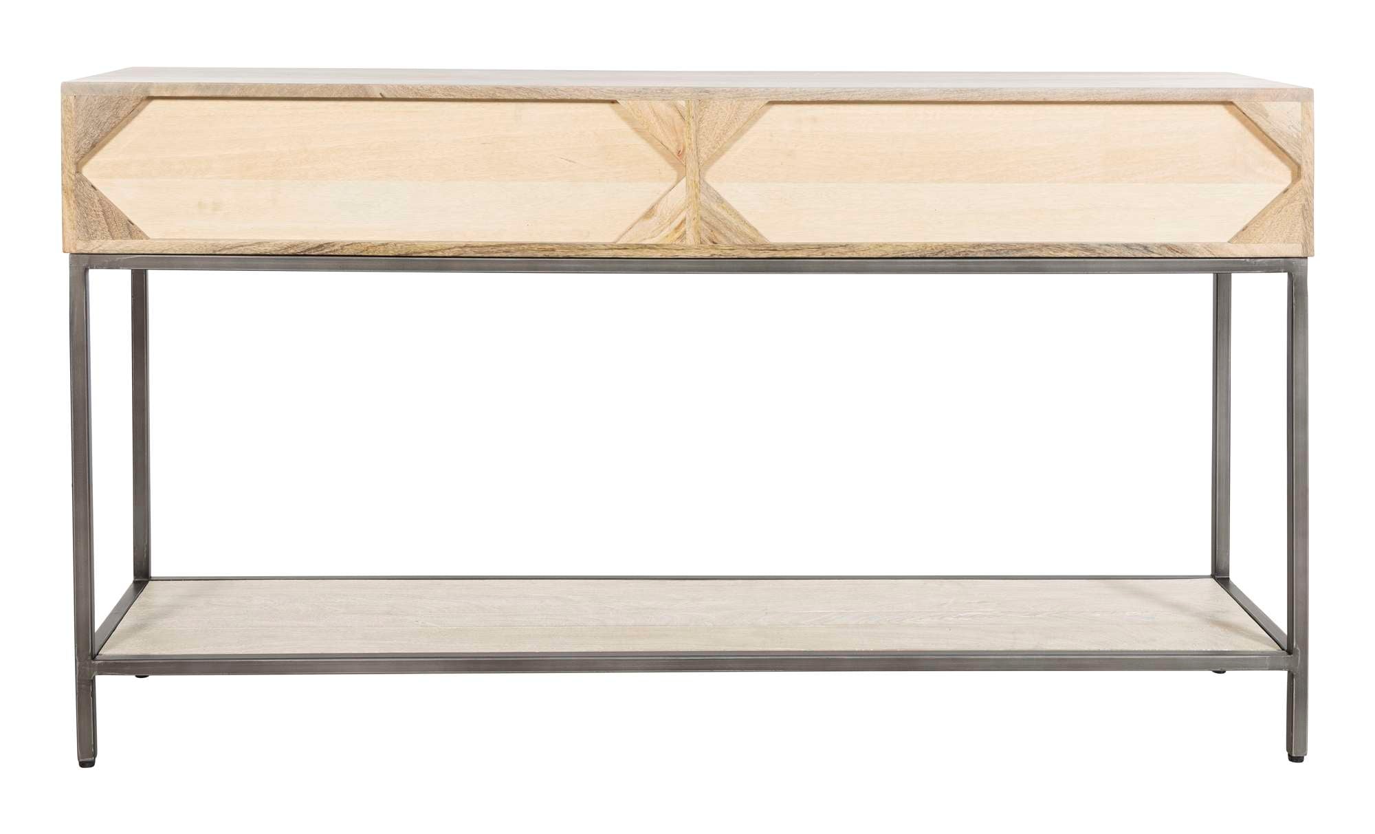 Sofa table with two sunburst-carved drawer fronts, wooden top and shelf, mounted on slim square metal frame base