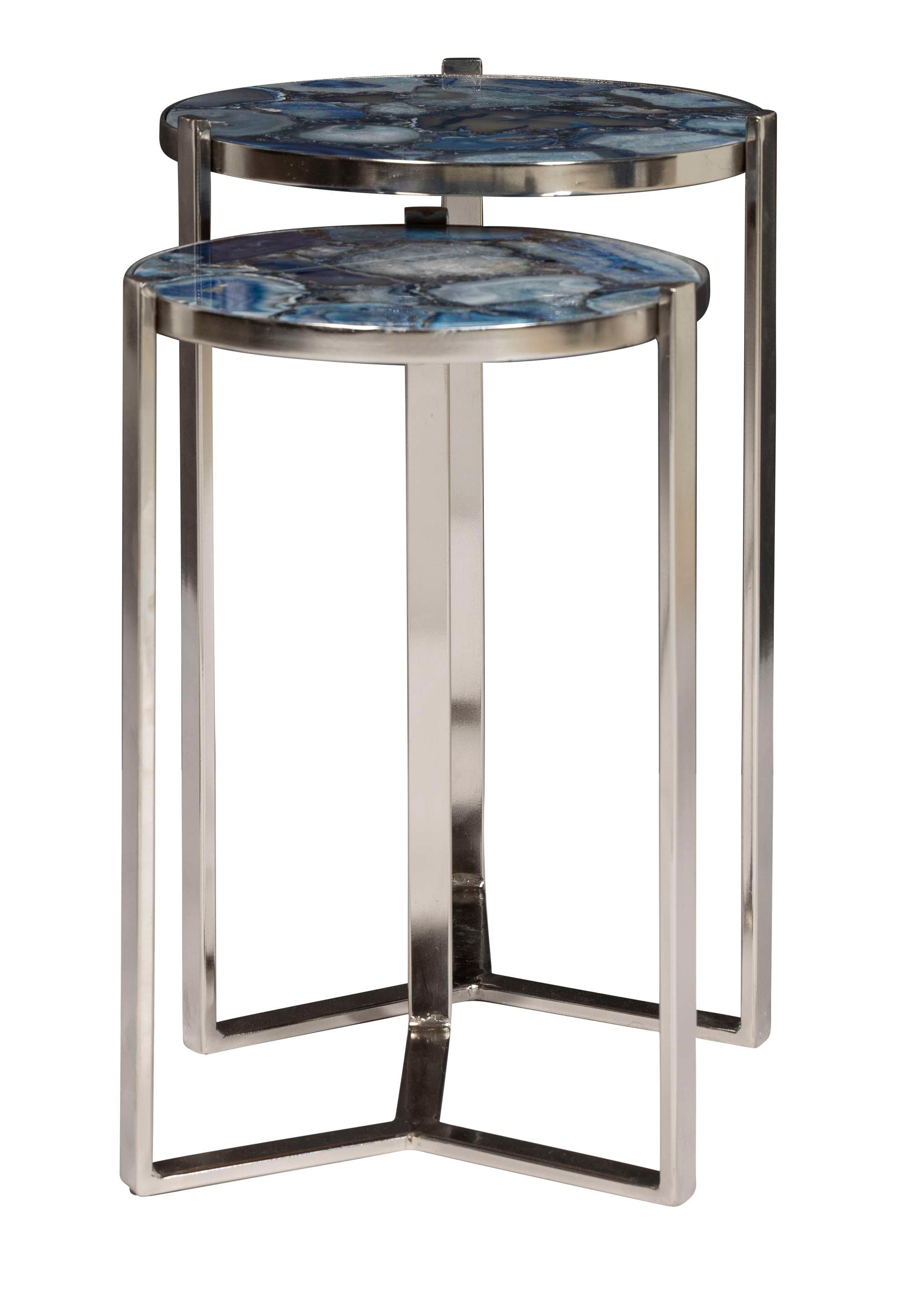 Set of two nesting tables with round blue agate tops and sleek nickel metal bases in modern design