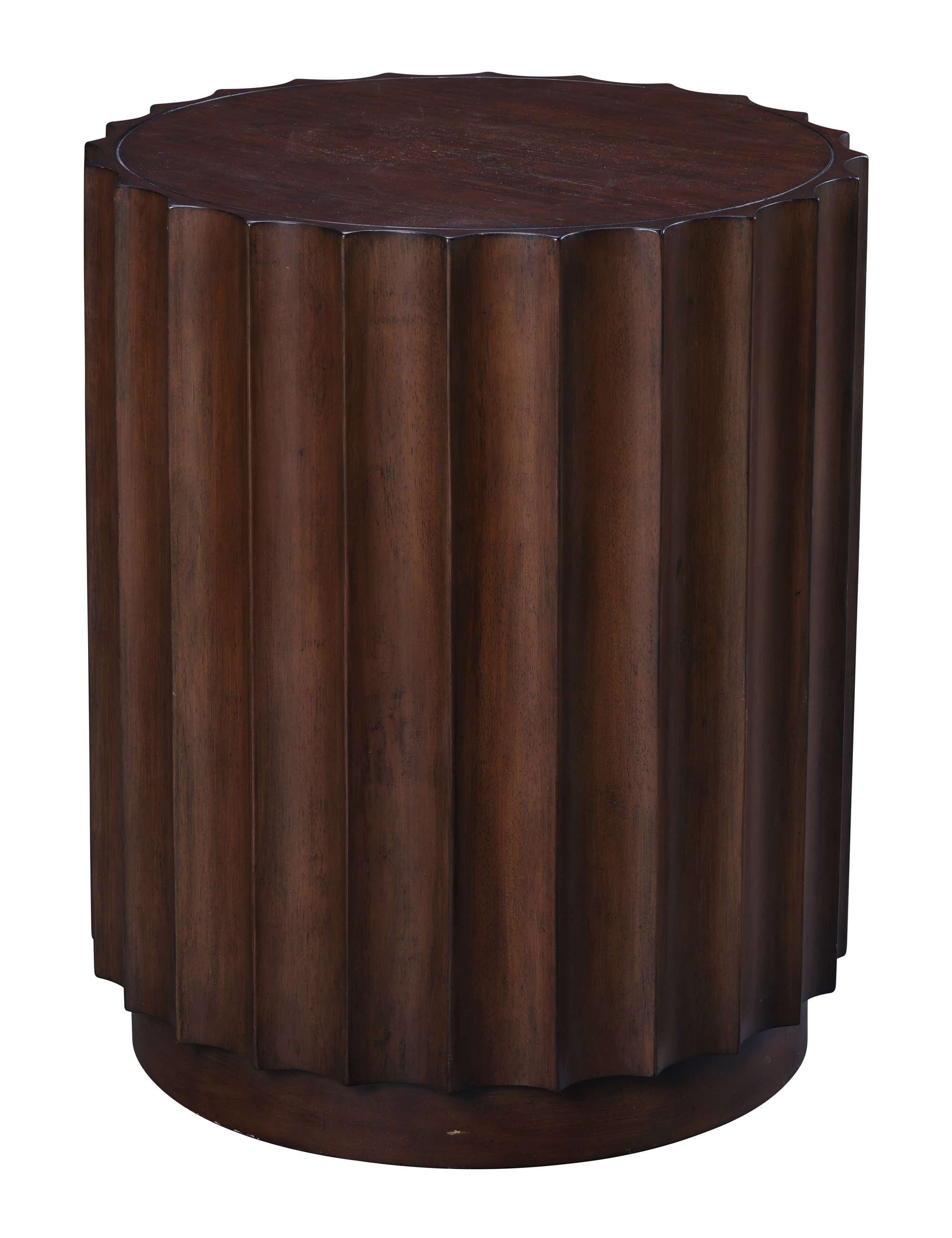Round pedestal table with scalloped top and vertical fluted wood design in dark brown finish