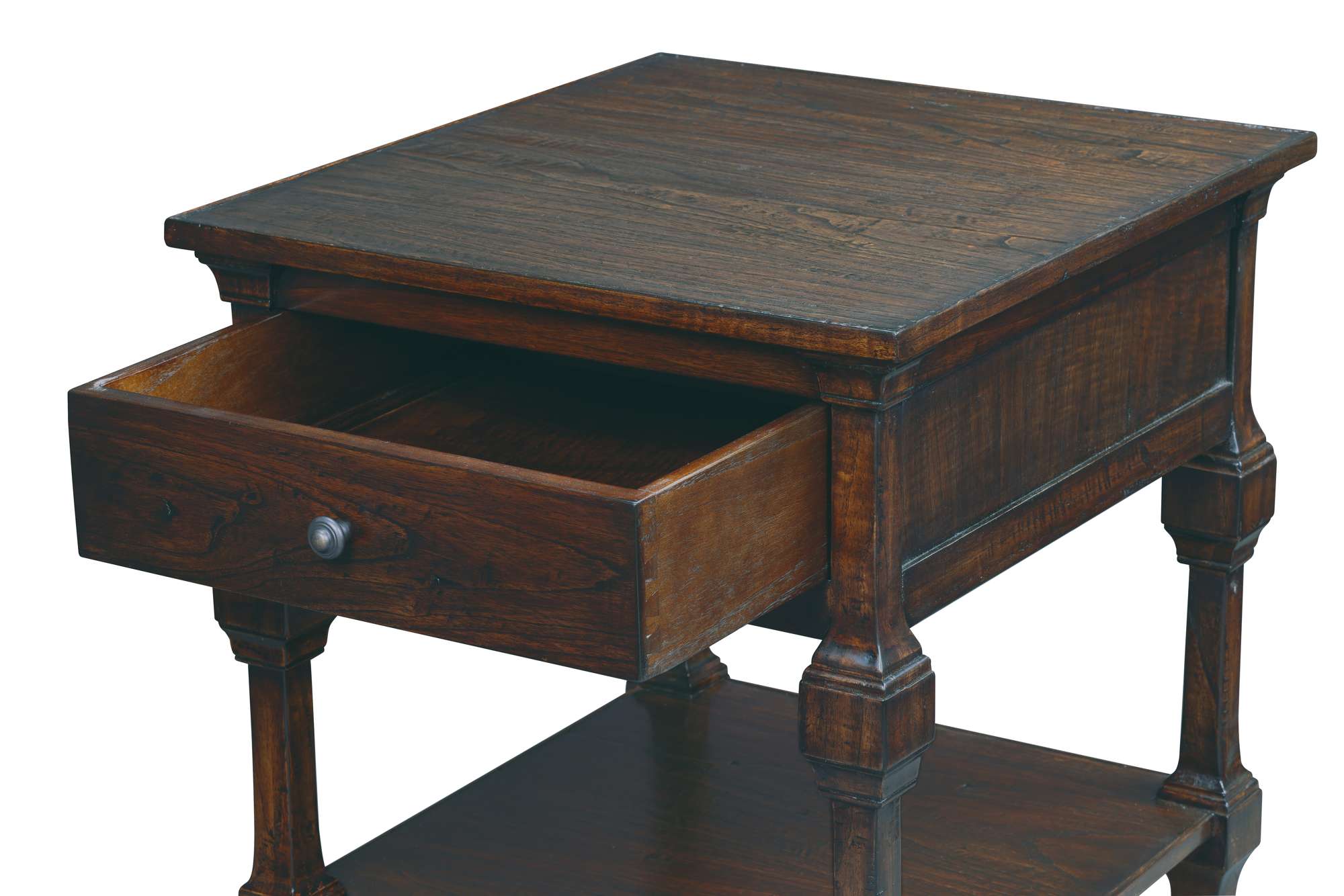 Wooden end table with single drawer, carved legs, and lower open shelf in dark stained finish