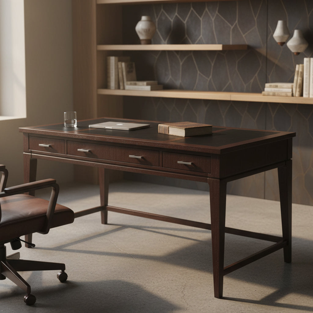 Mocha Desk with three-panel leather top, ash solid and veneer case, three drawers, and drop front center drawer for keyboard or laptop