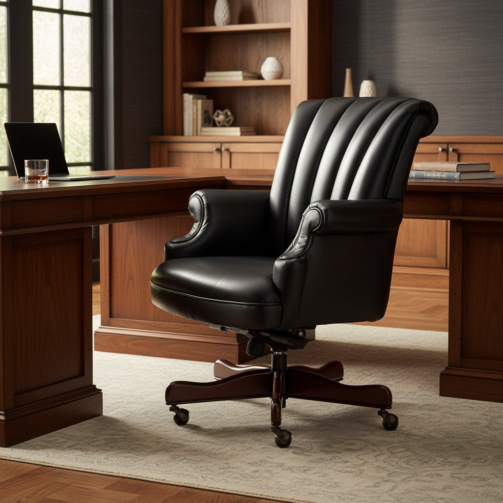 Executive office chair with genuine black leather, ribbed back, five-point wood base with casters, and pneumatic lift mechanism
