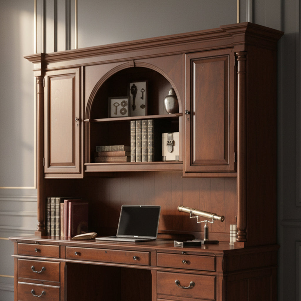 Executive Desk with weathered cherry finish, cherry veneers, two doors with adjustable shelves, task lighting, and illuminated bookcase section