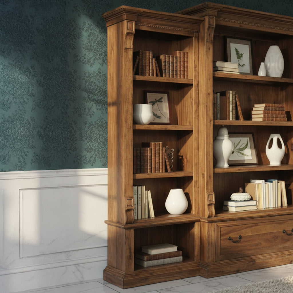 チェスト・キャビネット Antique Book open Shelf Caster Old World Walnut Burl Executive Right Bookcase
