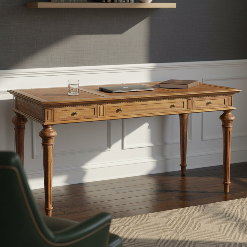 Wellington Hall office desk with acacia veneers and solids, three leather top panels, and three drawers with metal slides