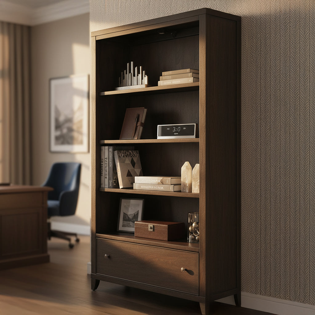 チェスト・キャビネット Antique Book open Shelf Caster Old World Walnut Burl Executive Right Bookcase