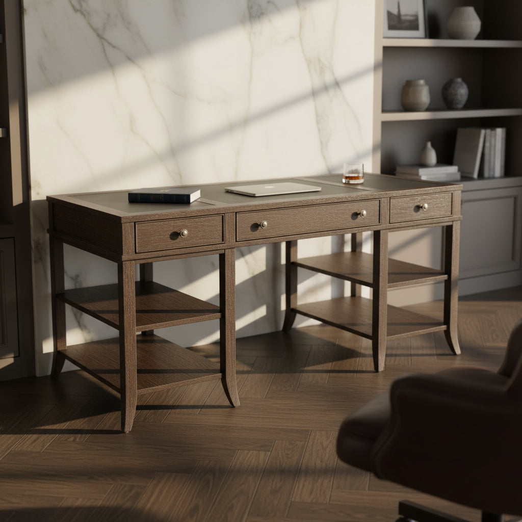 Urban Desk with wood-framed leather panels, select veneer and solids, three drawers, and open shelving on both sides