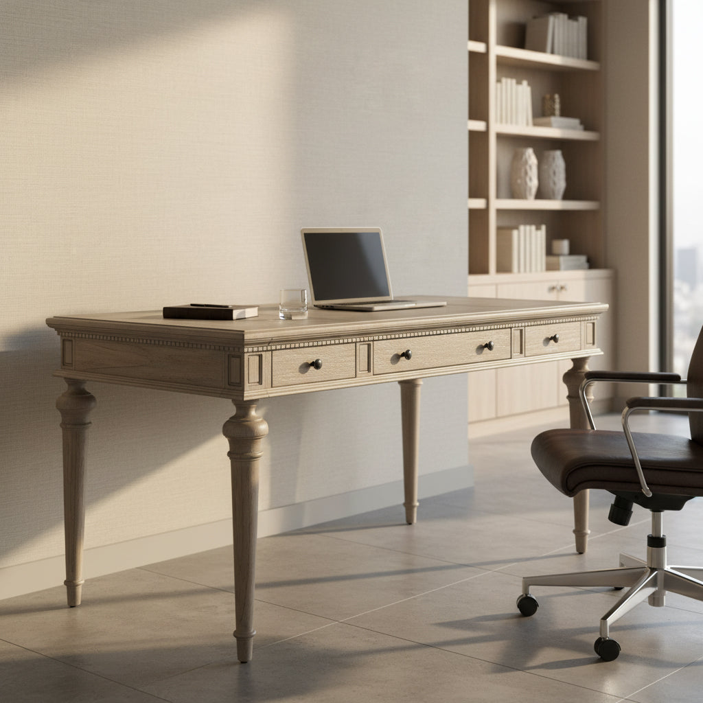 Wellington Estates office desk with mindi veneers and solids, drop front drawer, two faux drawers, and turned tapered legs
