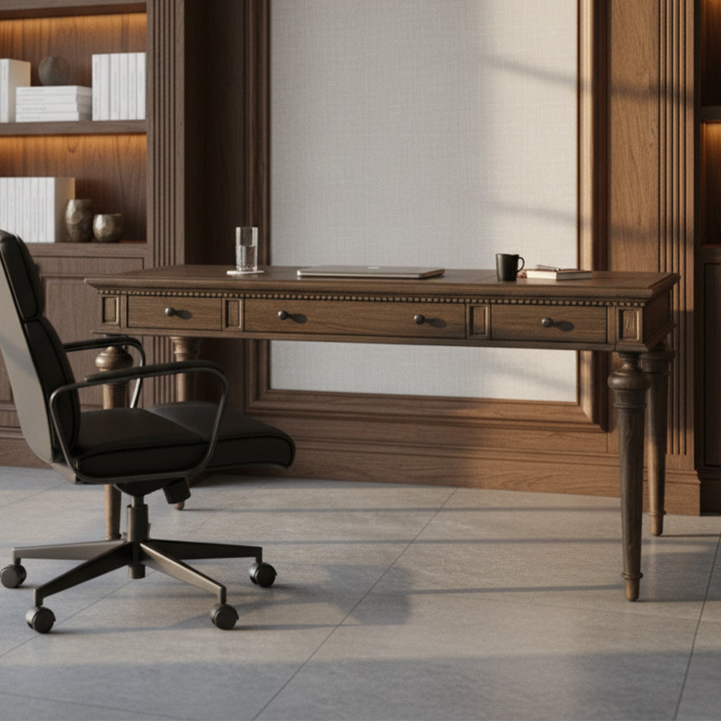 Wellington Estates office desk with mindi veneers and solids, drop front center drawer, faux side drawers, and java finish