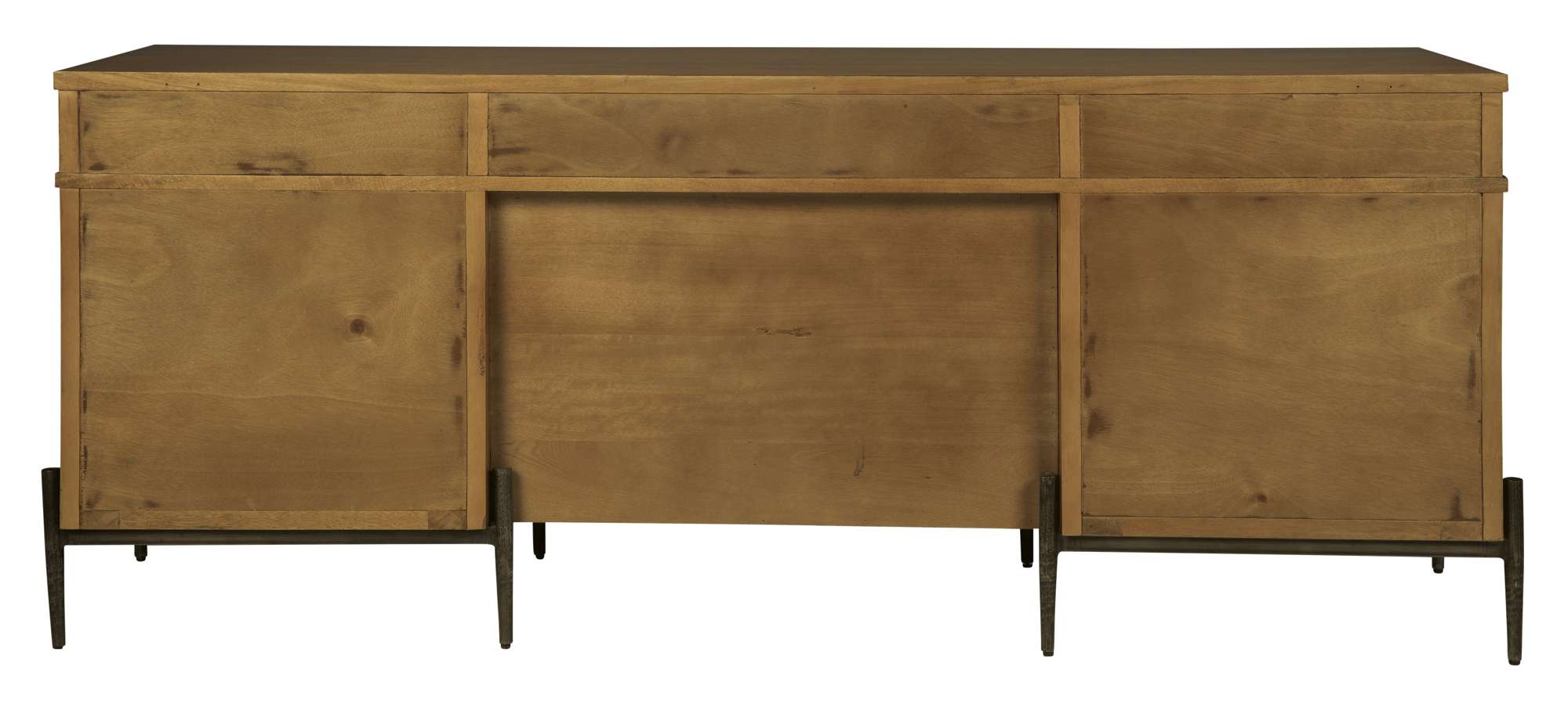 Executive credenza with solid mango top, two box drawers, file drawer, pedestal lock, and sleek base in modern design