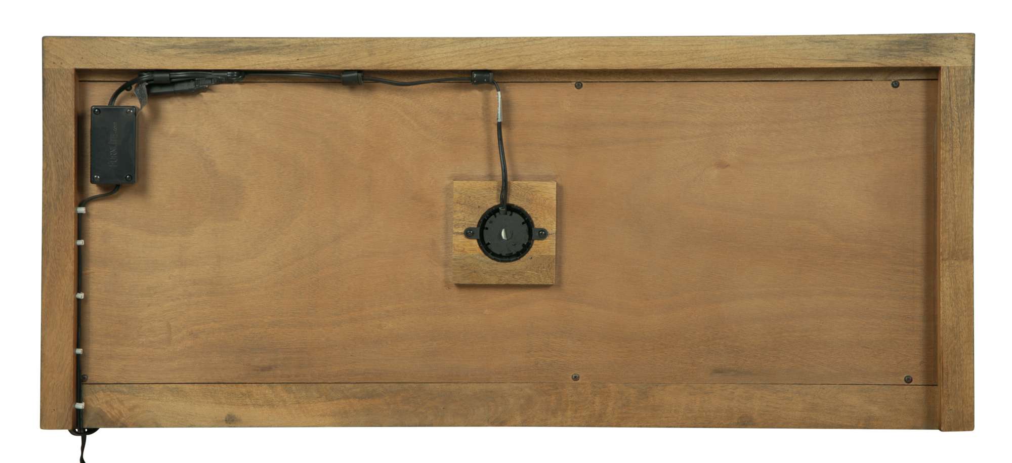 Back view of Bedford Park Bookcase Center showing solid mango wood frame and built-in lighting wiring system