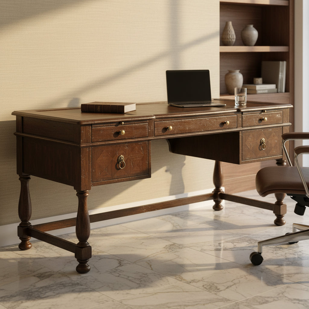 Havana Desk with solid mahogany and veneer, brown leather top, burnished copper tooling, and drop front center drawer