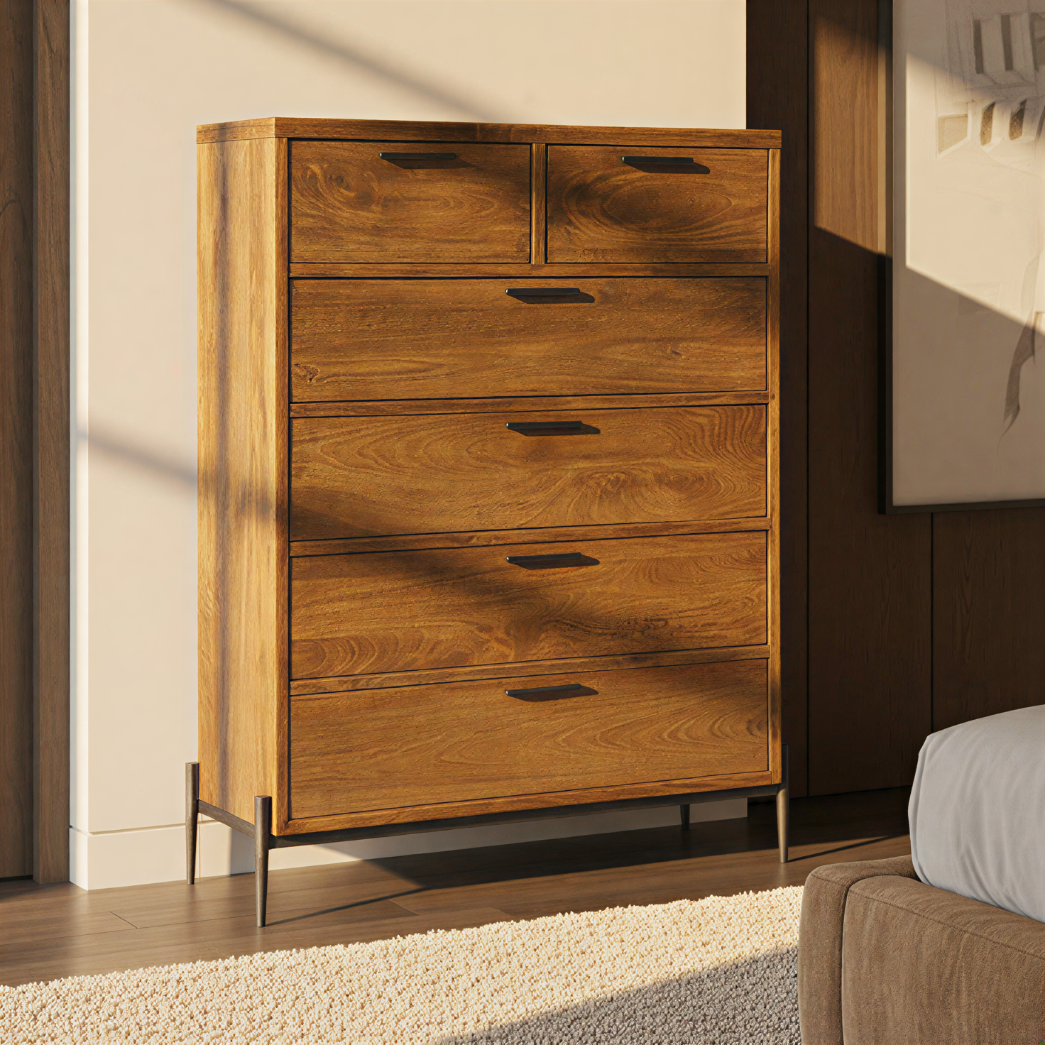 Bedford Park bedroom chest with mango solids, forged iron base and hardware, six soft-close drawers, Bedford finish