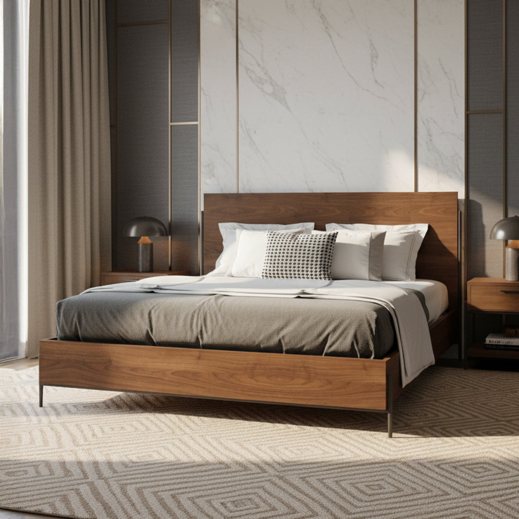 California King bed with warm wooden panel frame, iron supports, neutral bedding, and modern bedroom decor setting
